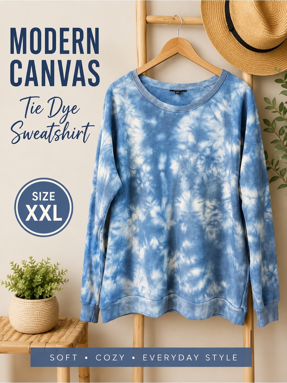 Modern Canvas Women’s Blue Tie-Dye Sweatshirt | XXL | Soft Cozy Fleece